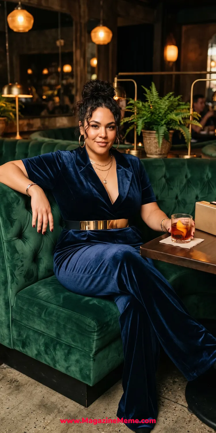 Plunging Stretch-Velvet Jumpsuit with an Under-Bust Metal Belt