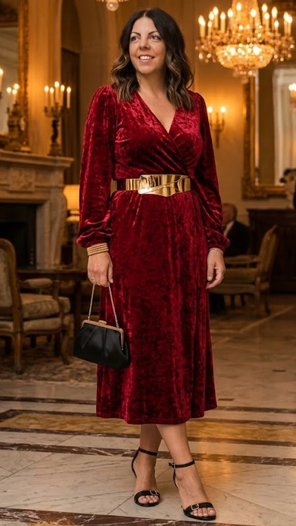 Plush Velvet Wrap Dress with a Sculpted Metal Waist Belt