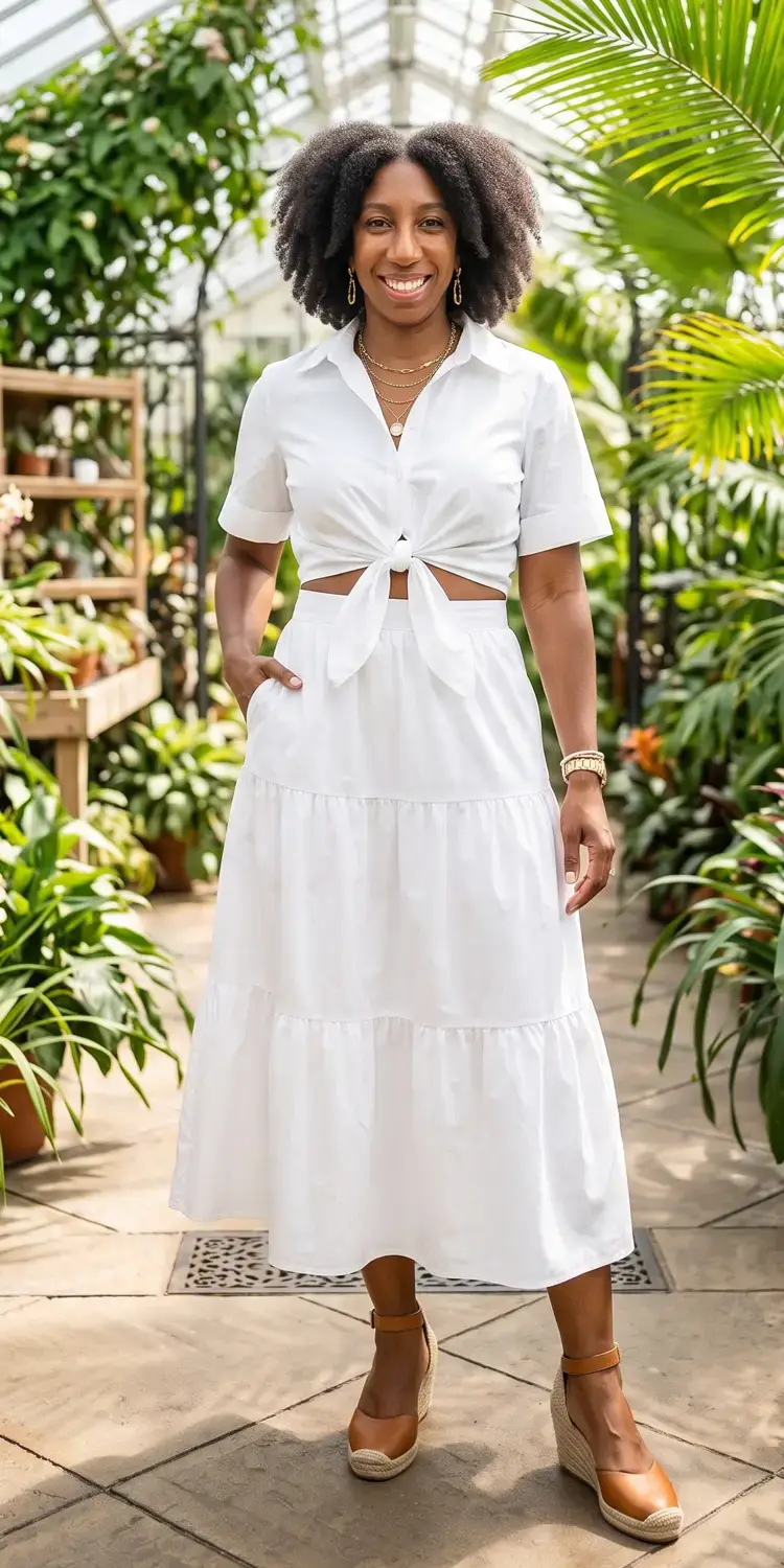 Poplin Tie-Hem Blouse and High-Rise Tiered Midi Skirt