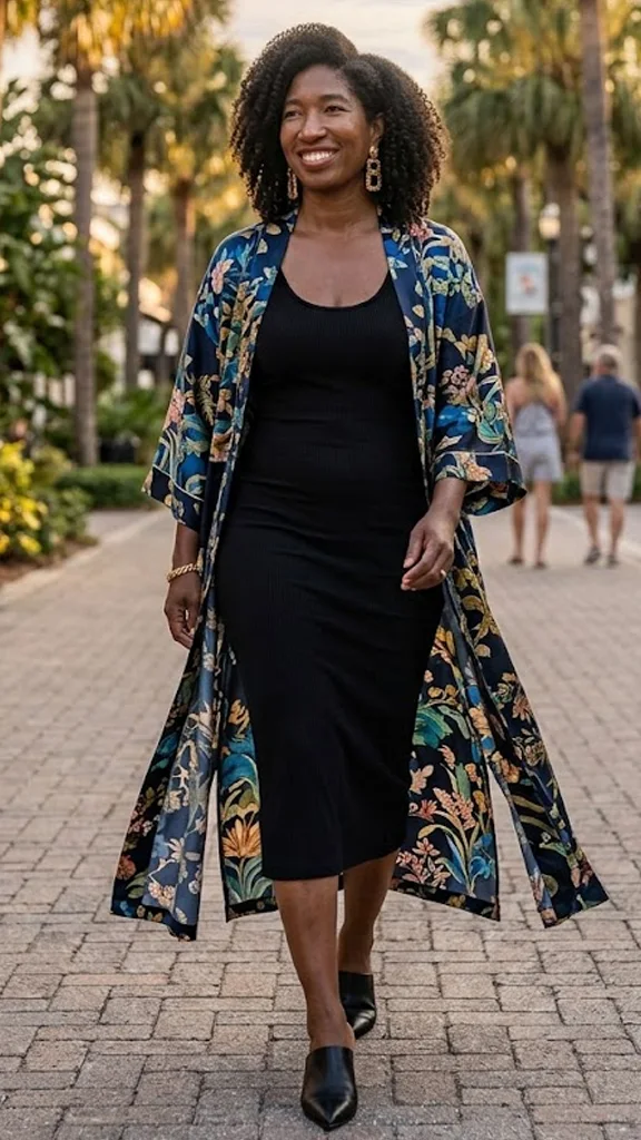 Dramatic Printed Silk Kimono Robe Over an All-Black Ribbed Midi Dress