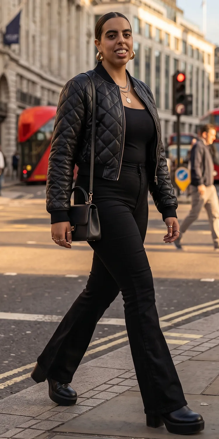 Quilted Leather Bomber Jacket Over Ultra-Dark Sculpting Flare Jeans