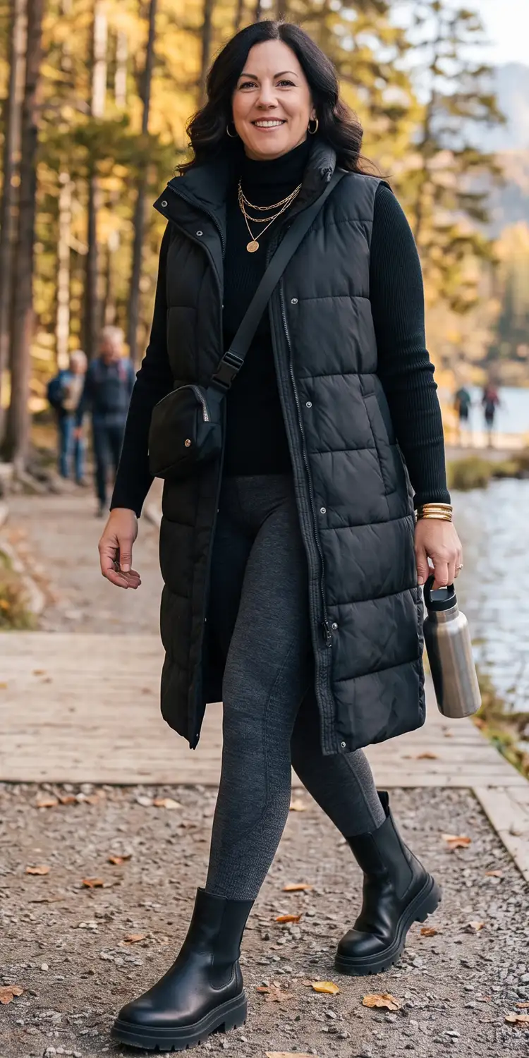 Quilted Longline Puffer Vest Over Charcoal Heather Leggings and Chelsea Boots