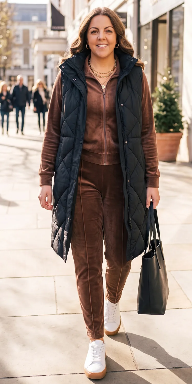 Quilted Longline Vest Layered Over a Tailored Velour Lounge Set