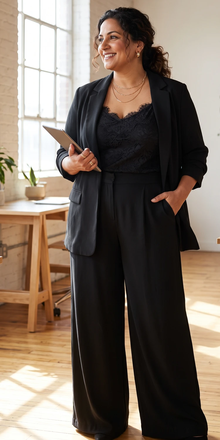 All-Black Relaxed Power Suit Worn Open Over an Inexpensive Lace Cami