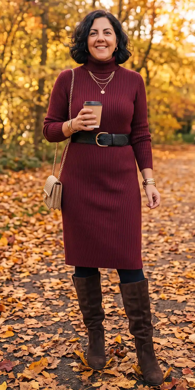 Ribbed Burgundy Sweater Dress Cinched with a Wide Leather Waist Belt