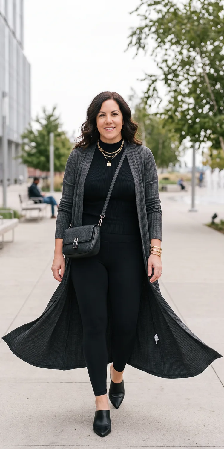 Ribbed Floor-Length Duster Over a High-Neck Tank and Matte Leggings