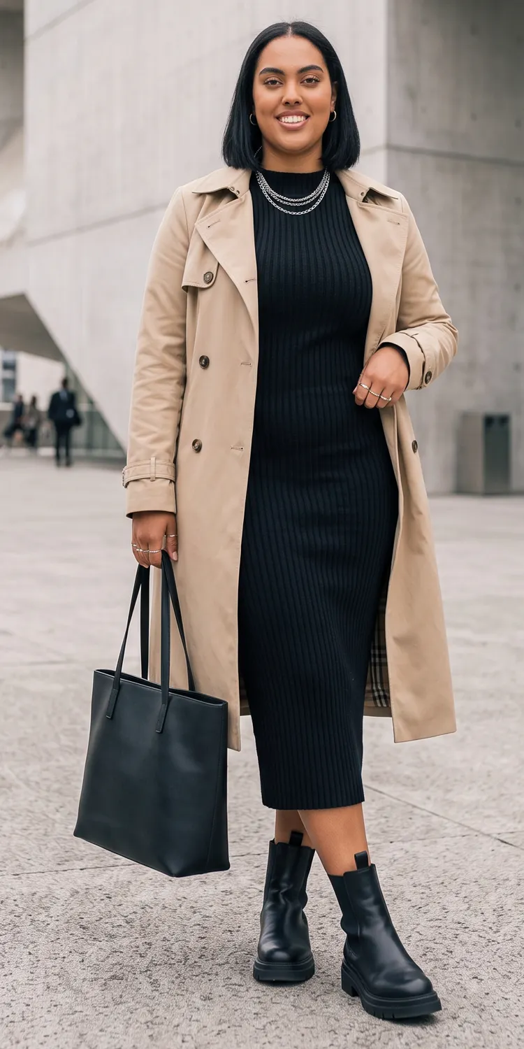 Ribbed Knit Midi Dress Grounded by a Sharp Trench Coat and Lug-Sole Boots