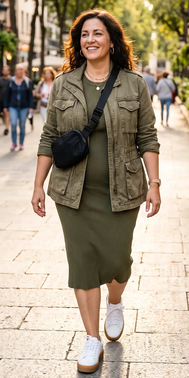 Ribbed Knit Midi Dress Styled with Clean Platform Sneakers