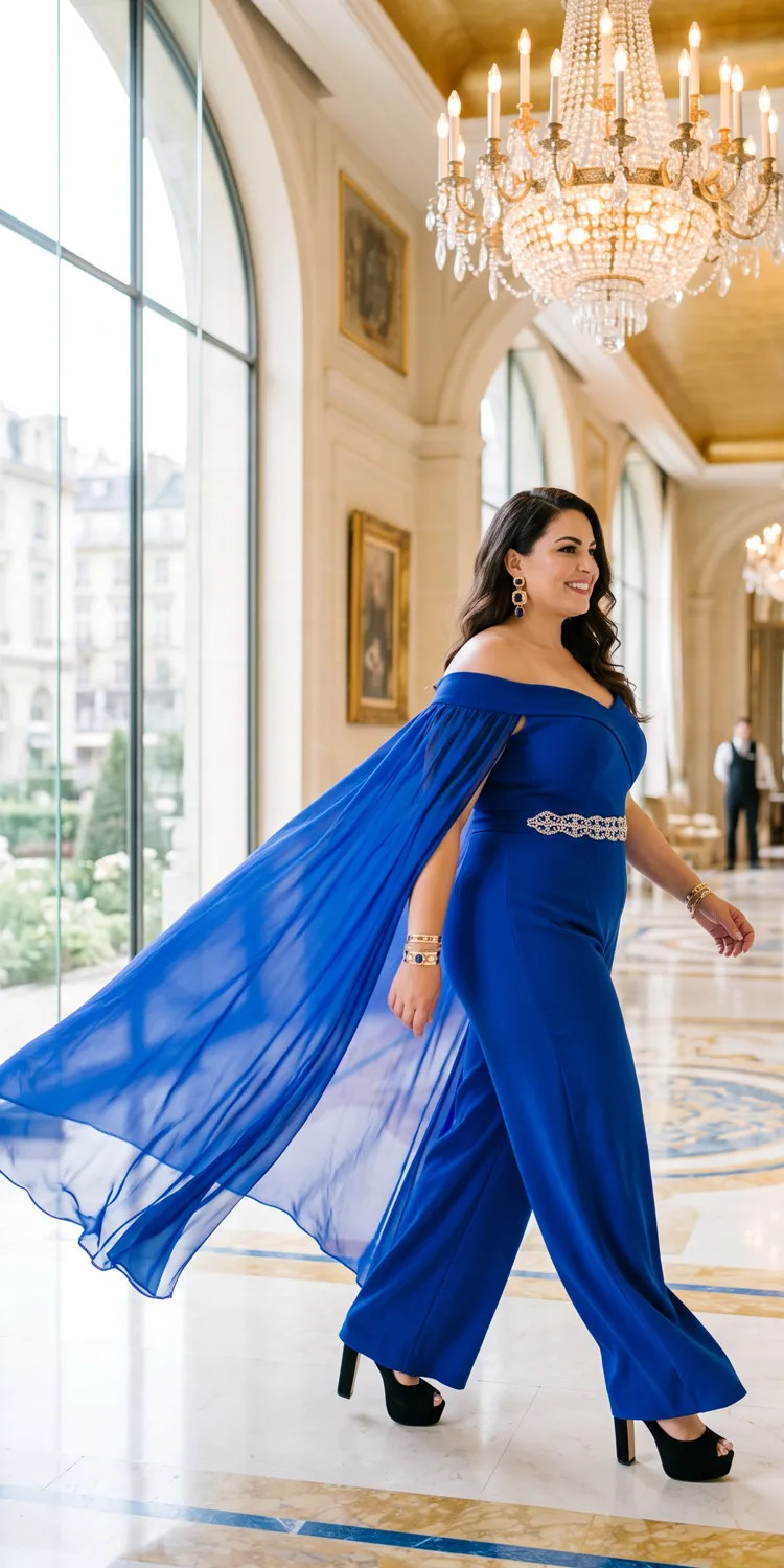 Royal Cobalt Blue Off-The-Shoulder Jumpsuit With A Dramatic Cape