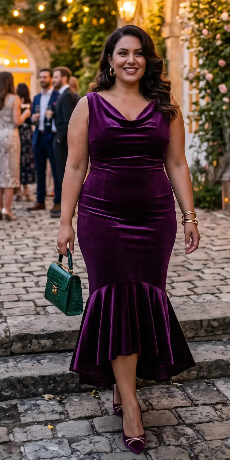 Royal Plum Velvet Cowl-Neck Mermaid Dress