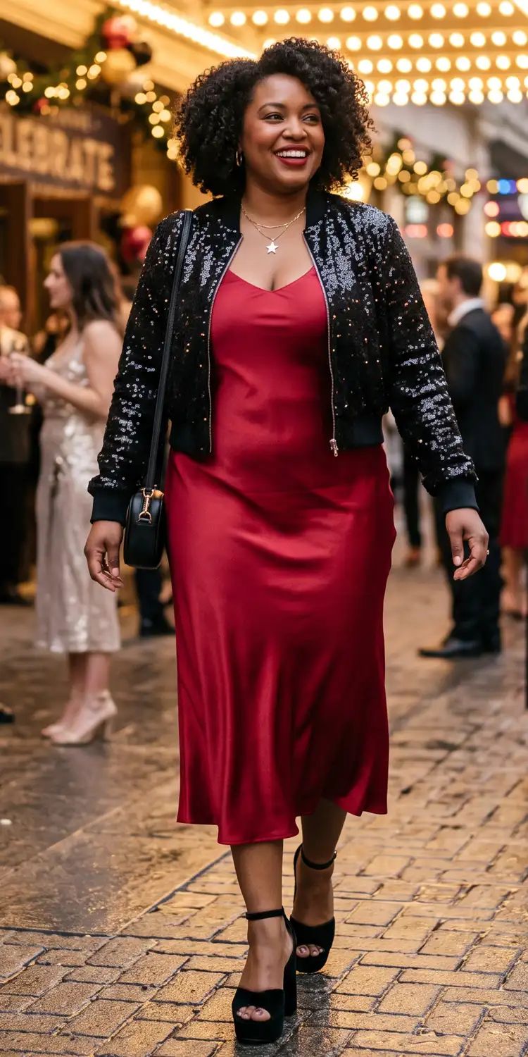 Ruby Satin Slip Dress with a Cropped Sequin Bomber