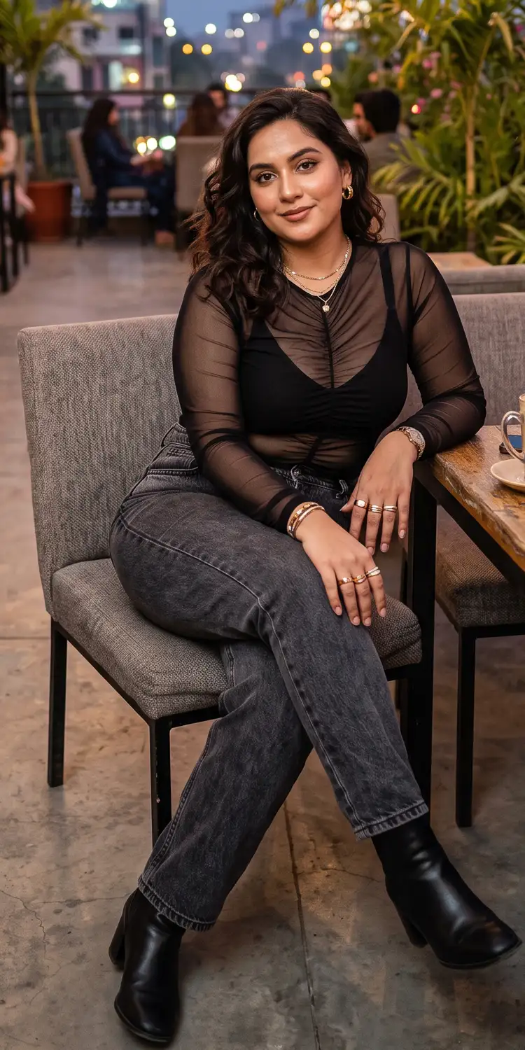 Ruched Mesh Long-Sleeve Top Over a High-Support Seamless Bralette