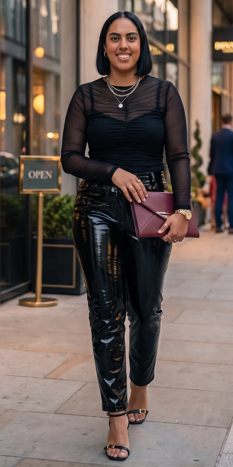 Ruched Mesh Long-Sleeve Top Tucked into High-Waist Faux Patent Leather Pants
