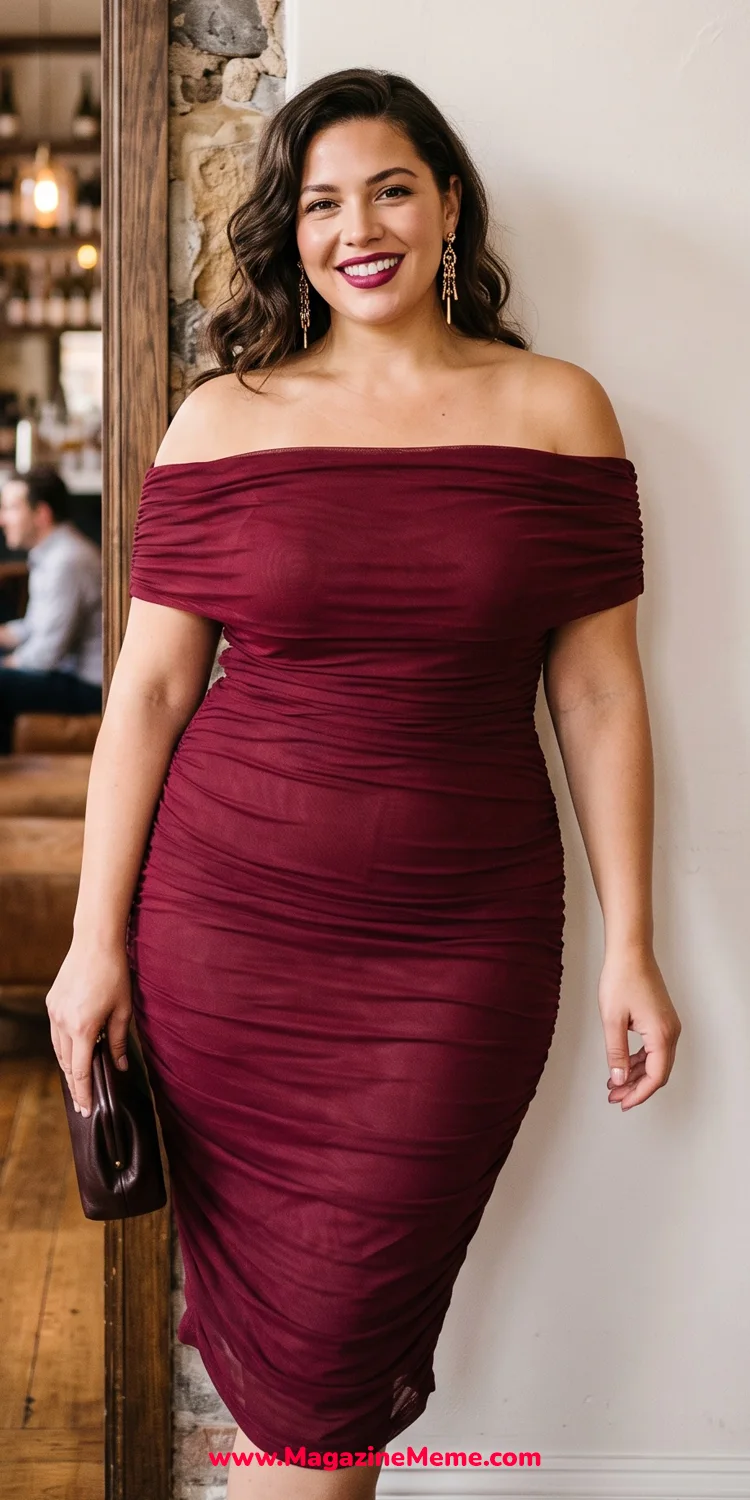 Ruched Off-the-Shoulder Mesh Bodycon in Rich Merlot