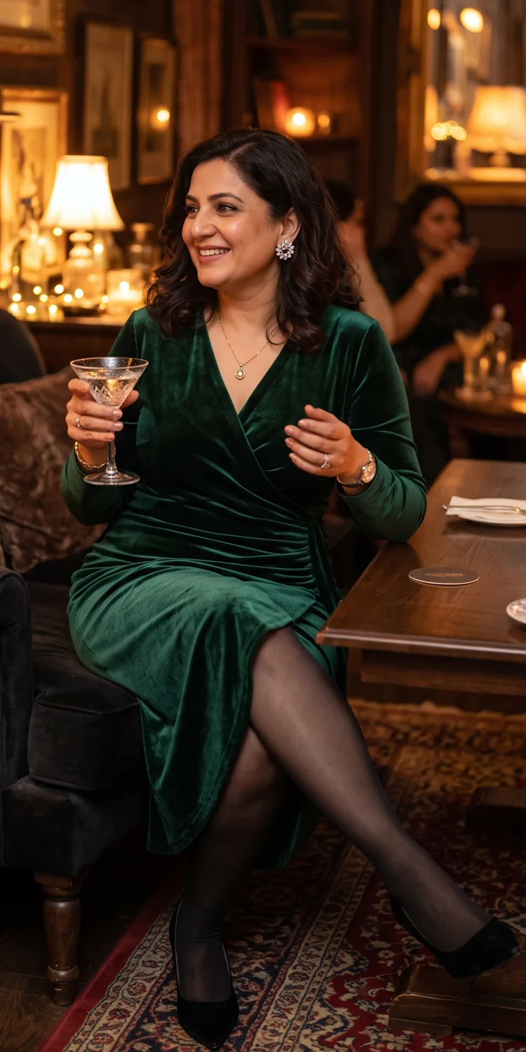 Ruched Velvet Wrap Dress Styled with Opaque Black Tights and Pointed Heels