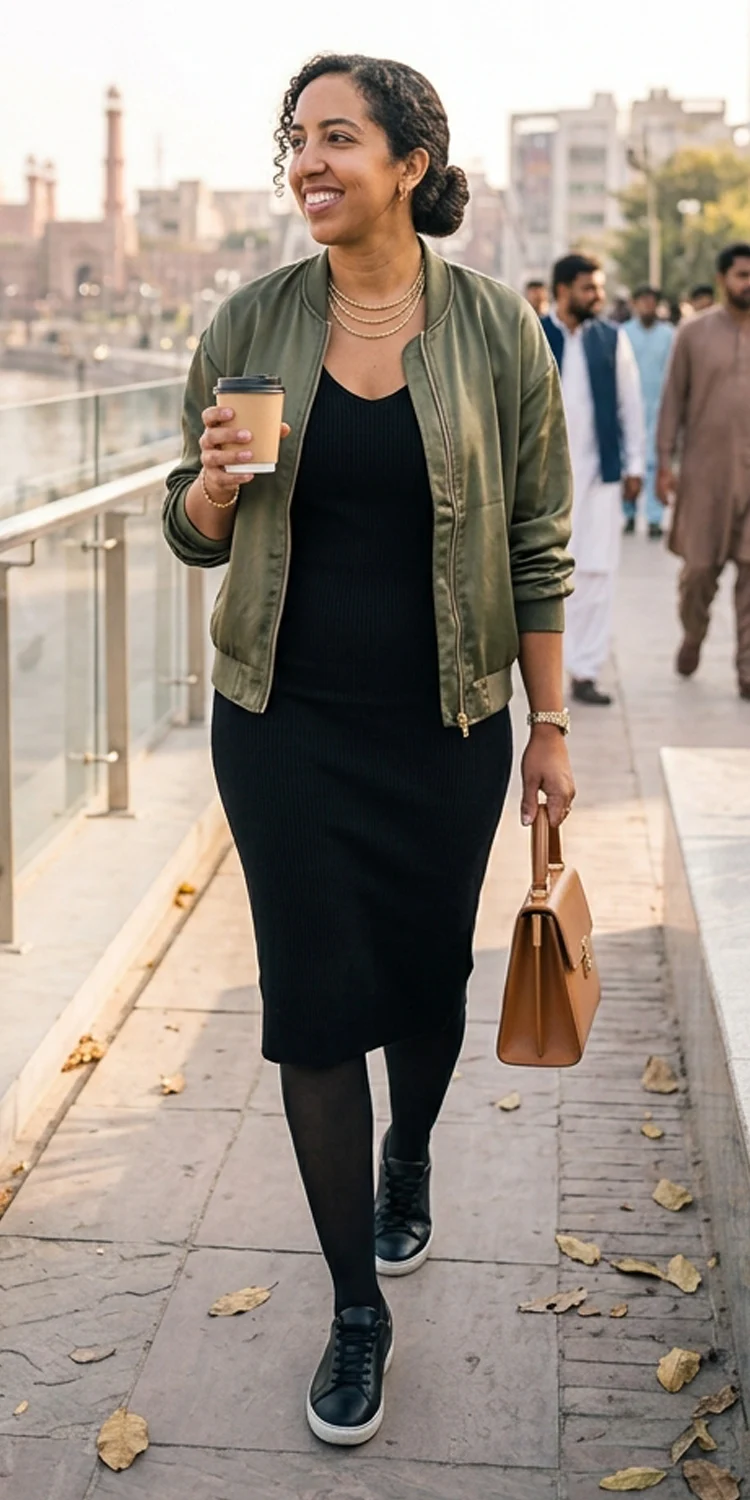 Satin Bomber Jacket Draped Over a Sculpted Black Ribbed Tank Dress