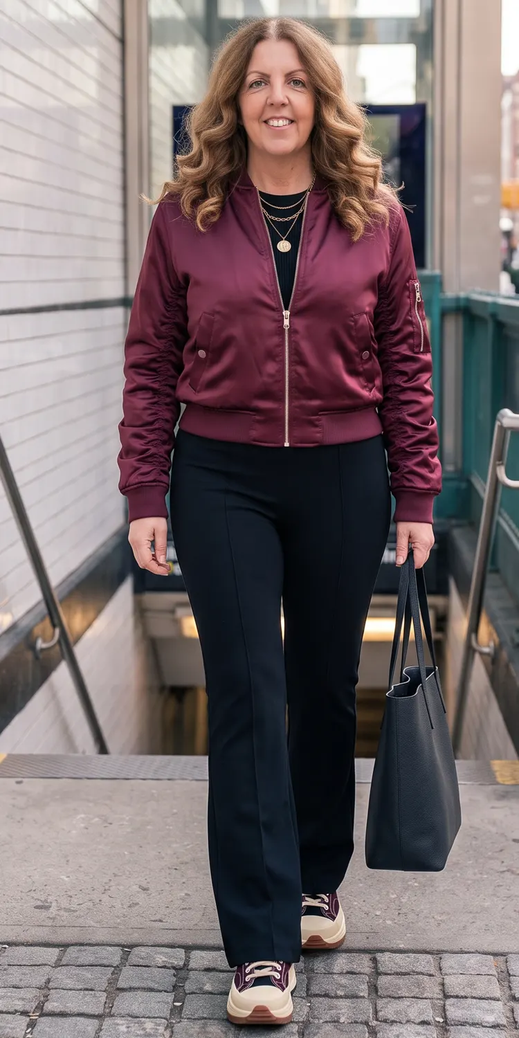 Satin Bomber Jacket with Ruched Sleeves Over Flare Trousers and Platform Sneakers