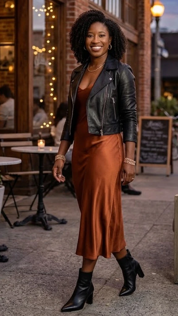 Bias-Cut Satin Slip Dress Layered Under a Cropped Moto Jacket