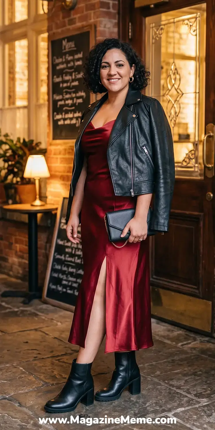 Satin Slip Dress and Leather Jacket Combo