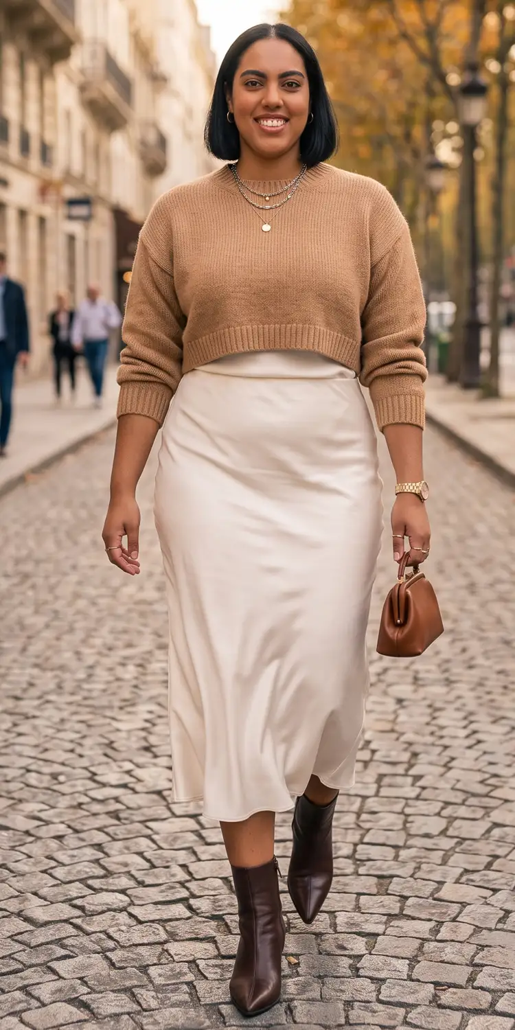 Slinky Satin Slip Skirt Balanced by a Slouchy Knit Sweater