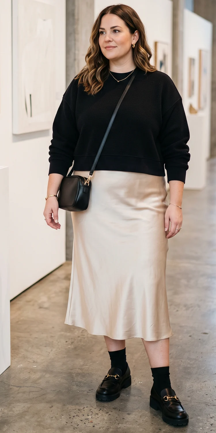 Satin Slip Skirt Grounded with an Oversized Cropped Crewneck