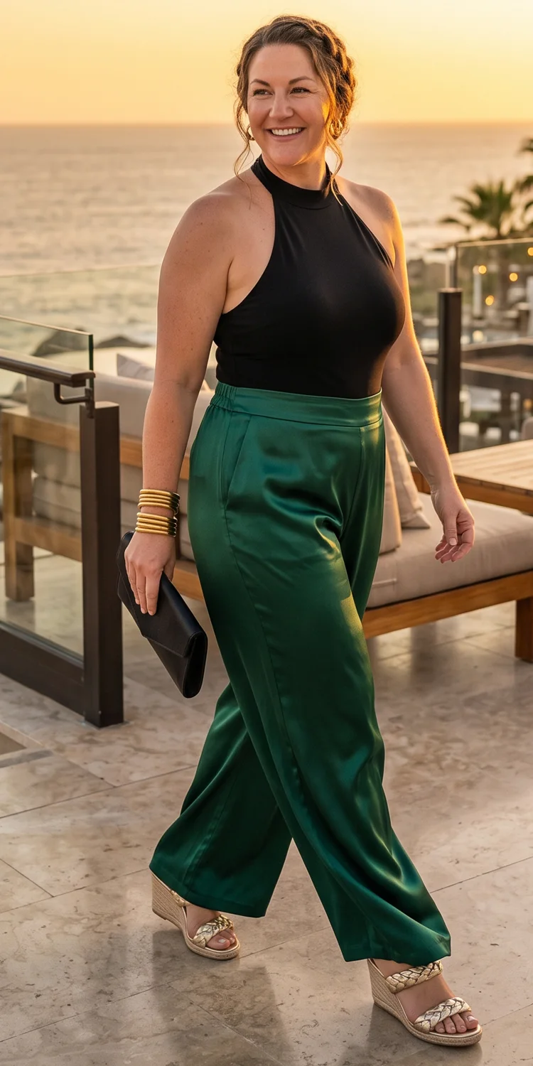 Satin Wide-Leg Palazzo Pants Paired with a Sleek Halter Bodysuit