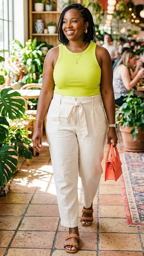 Saturated Neon Tank Grounded by High-Waisted Cream Palazzo Pants