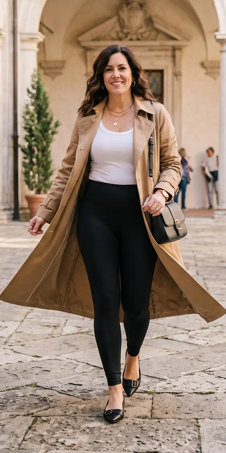 Scoop Bodysuit and High-Waist Compression Leggings Under an Open Trench