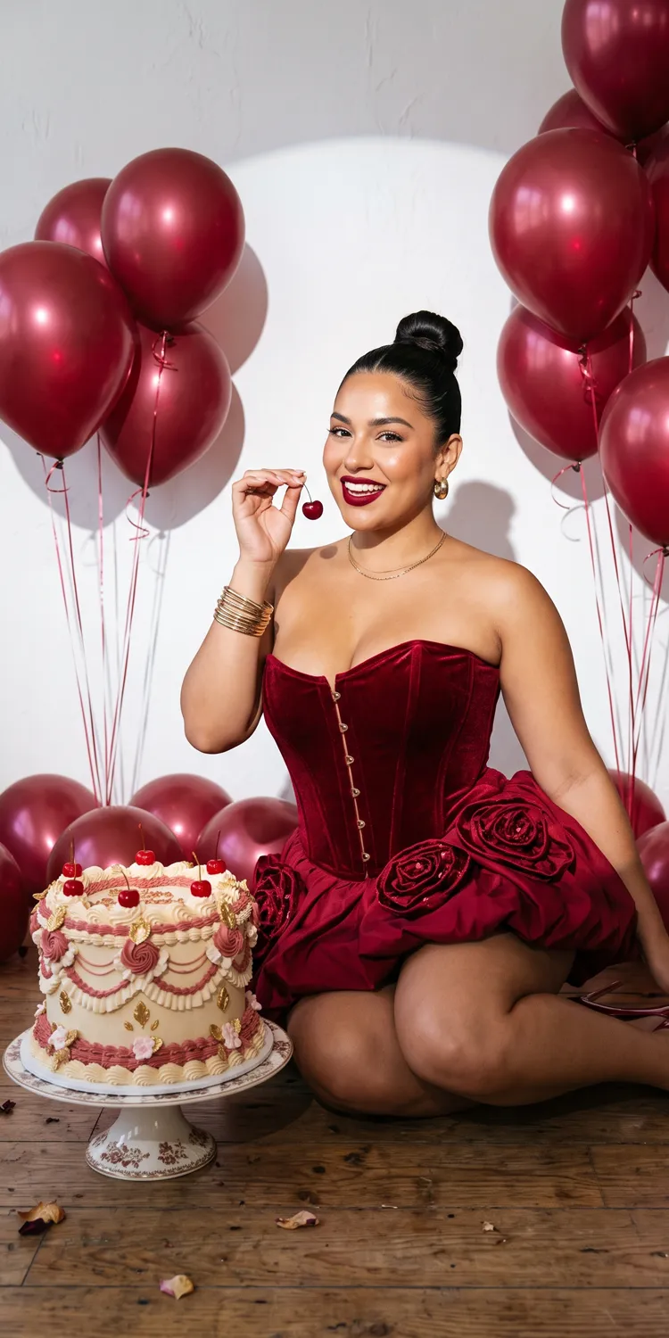 Sculpted Crimson Rosette Corset Top With A Matching Mini Bubble Skirt