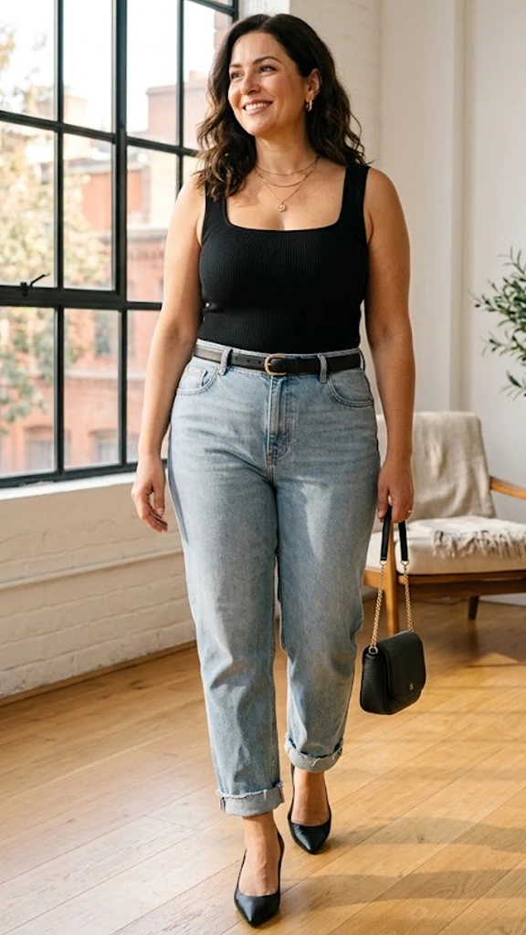 Sculpted Square-Neck Bodysuit with High-Rise Dad Denim
