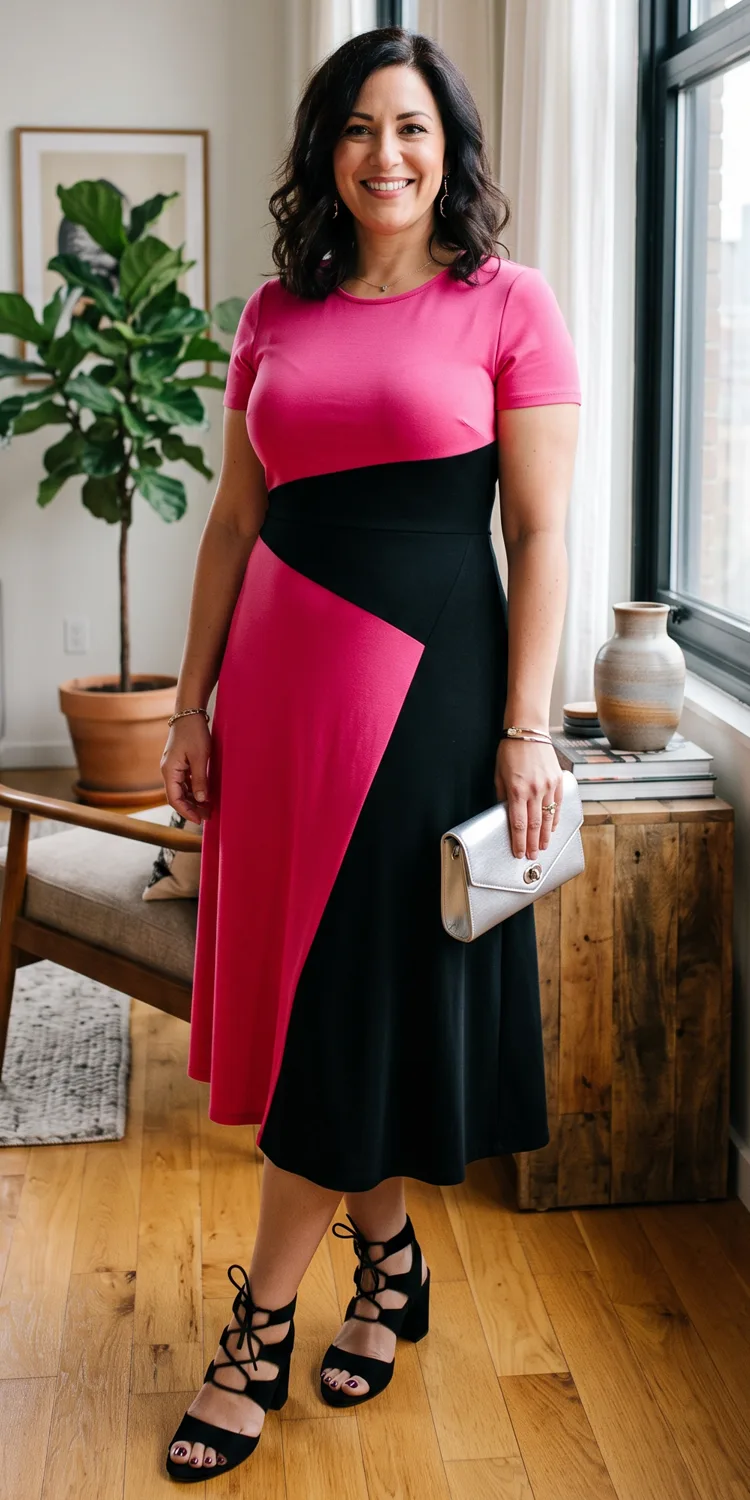 Sculpting Colorblock Midi Dress with Strappy Lace-Up Heels
