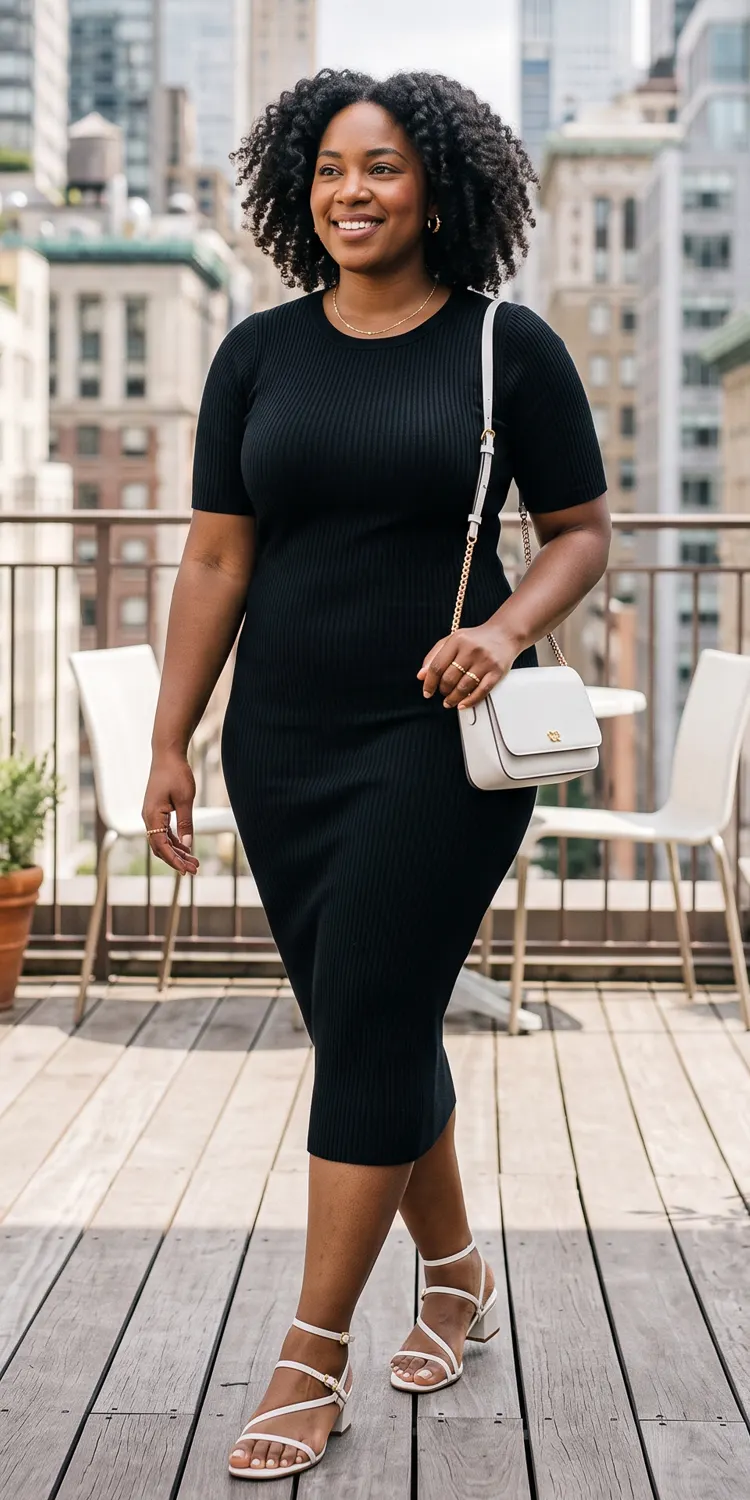 Sculpting Ribbed Midi Dress with Minimalist Strappy Heels