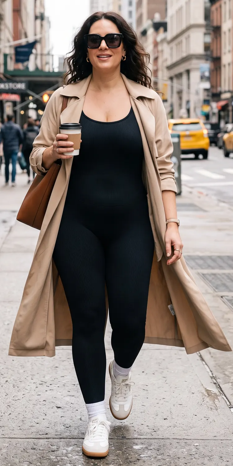 Snatched Athleisure: Seamless Black Unitard Layered Under a Longline Trench