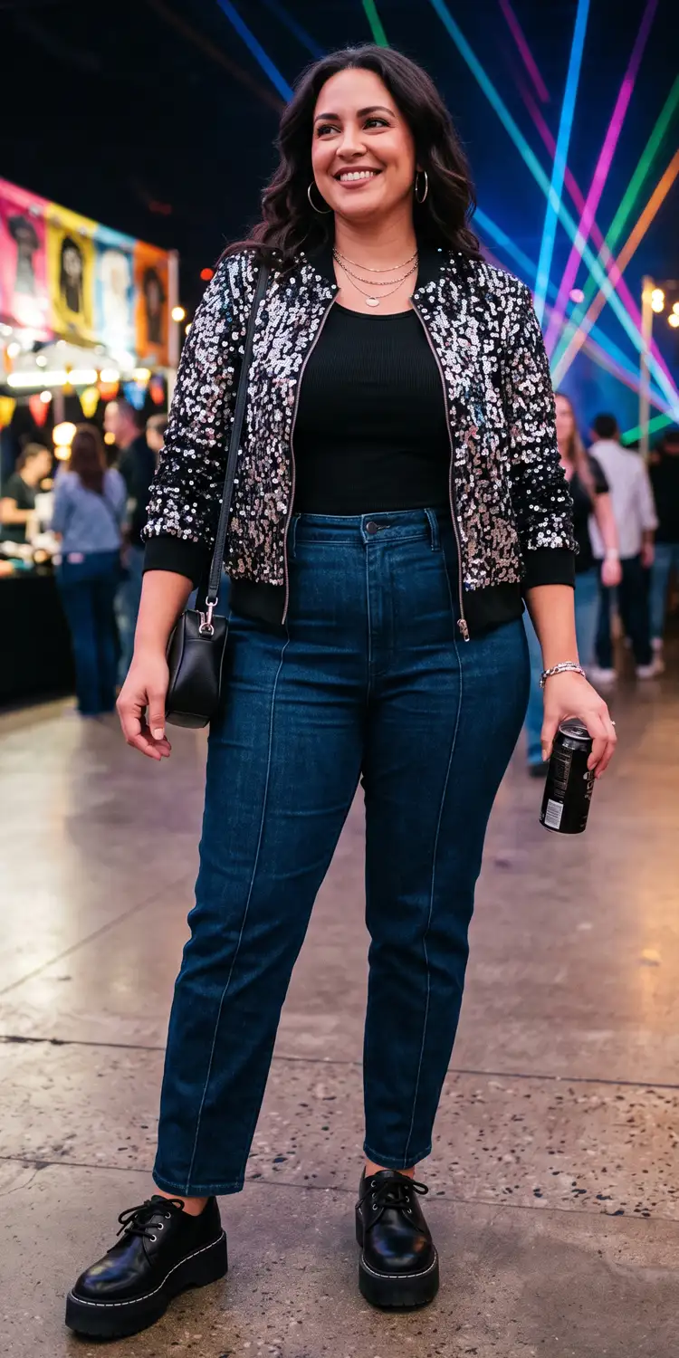 High-Shine Sequin Bomber Jacket Styled Over a Sleek Monochrome Base