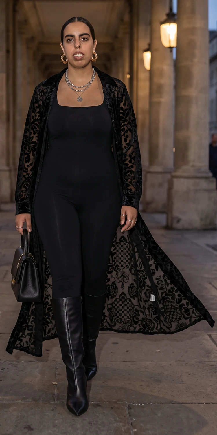 Sheer Burnout Velvet Duster Over a Contour Square-Neck Catsuit