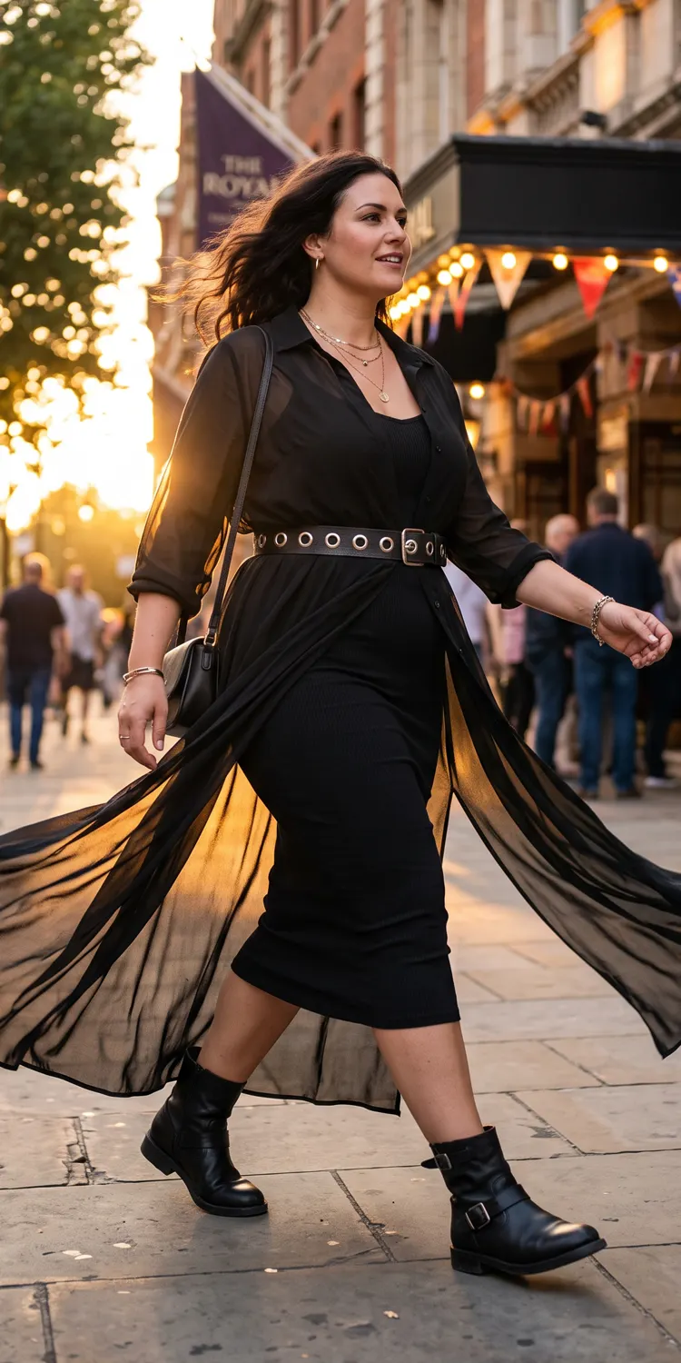 Semi-Sheer Duster Shirt Dress Layered Over a Solid Bodycon Midi Slip