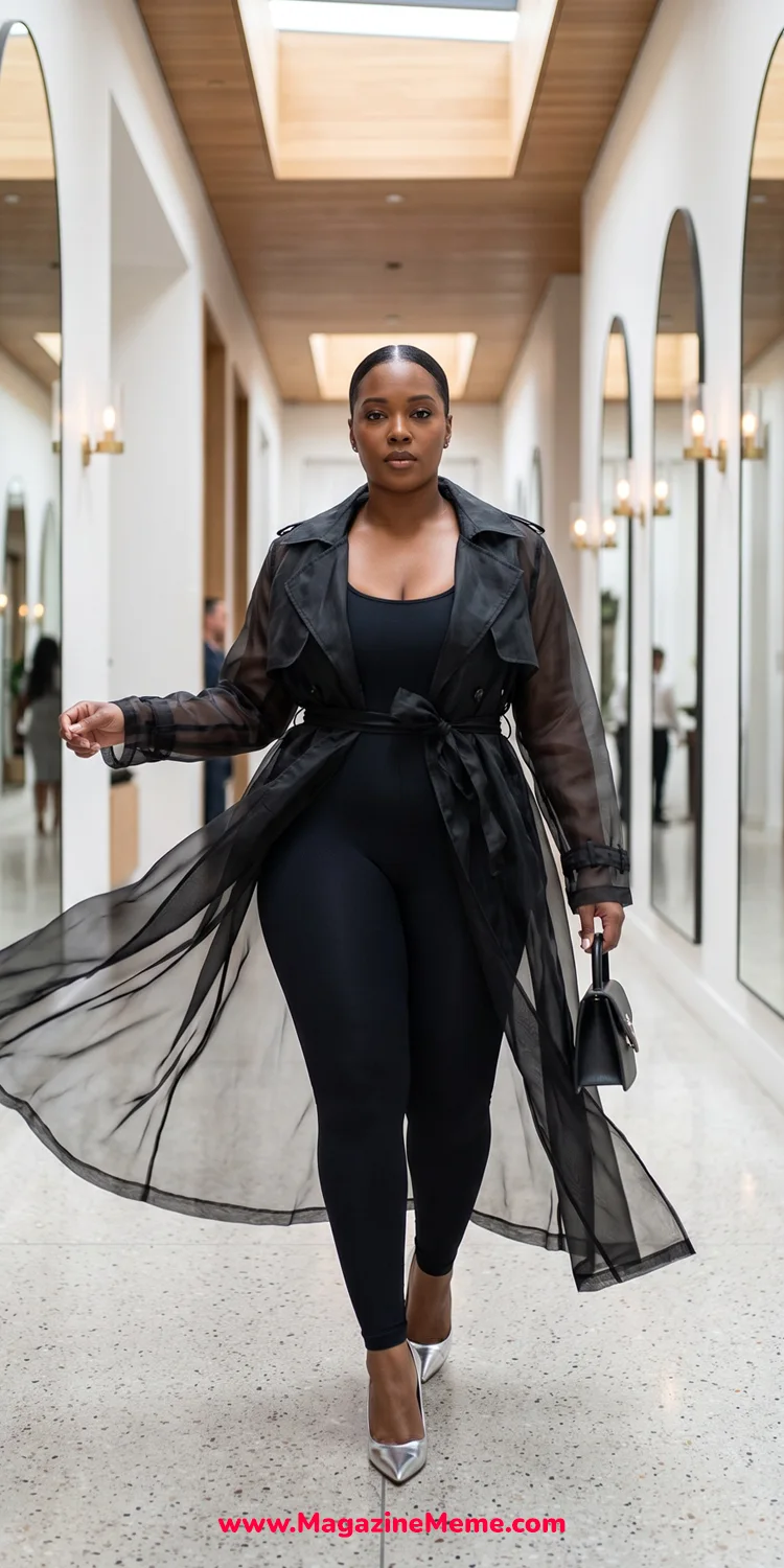 Sheer Duster Trench Layered Over a Solid Matte Catsuit