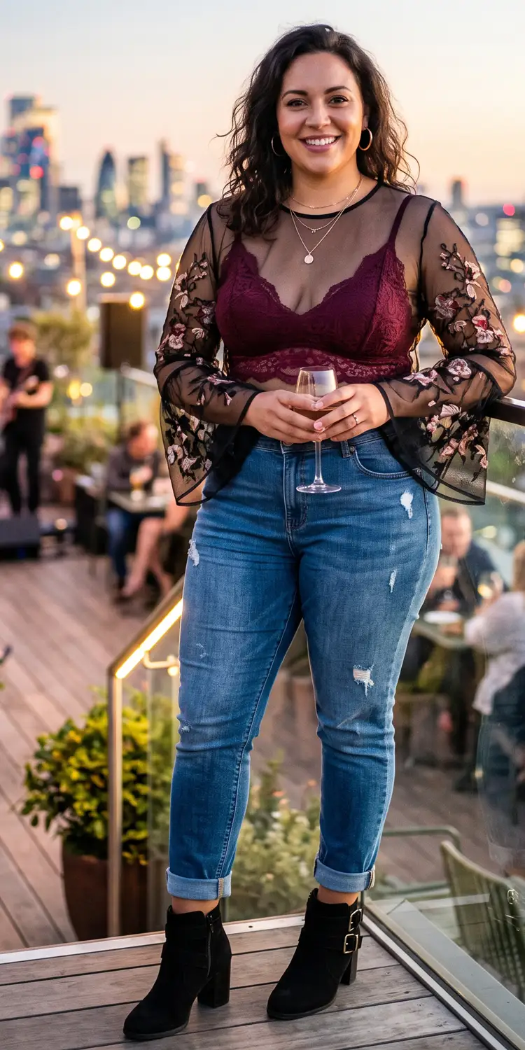 Sheer Floral Embroidered Mesh Blouse Over a Supportive Lace Longline Bralette