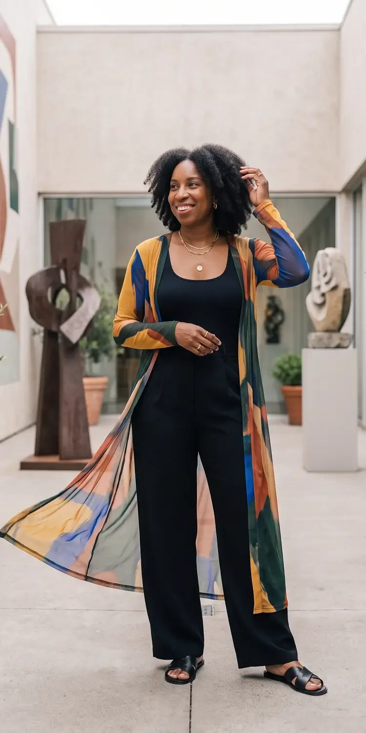 Sheer Graphic Mesh Duster and High-Waist Wide-Leg Lounge Pants