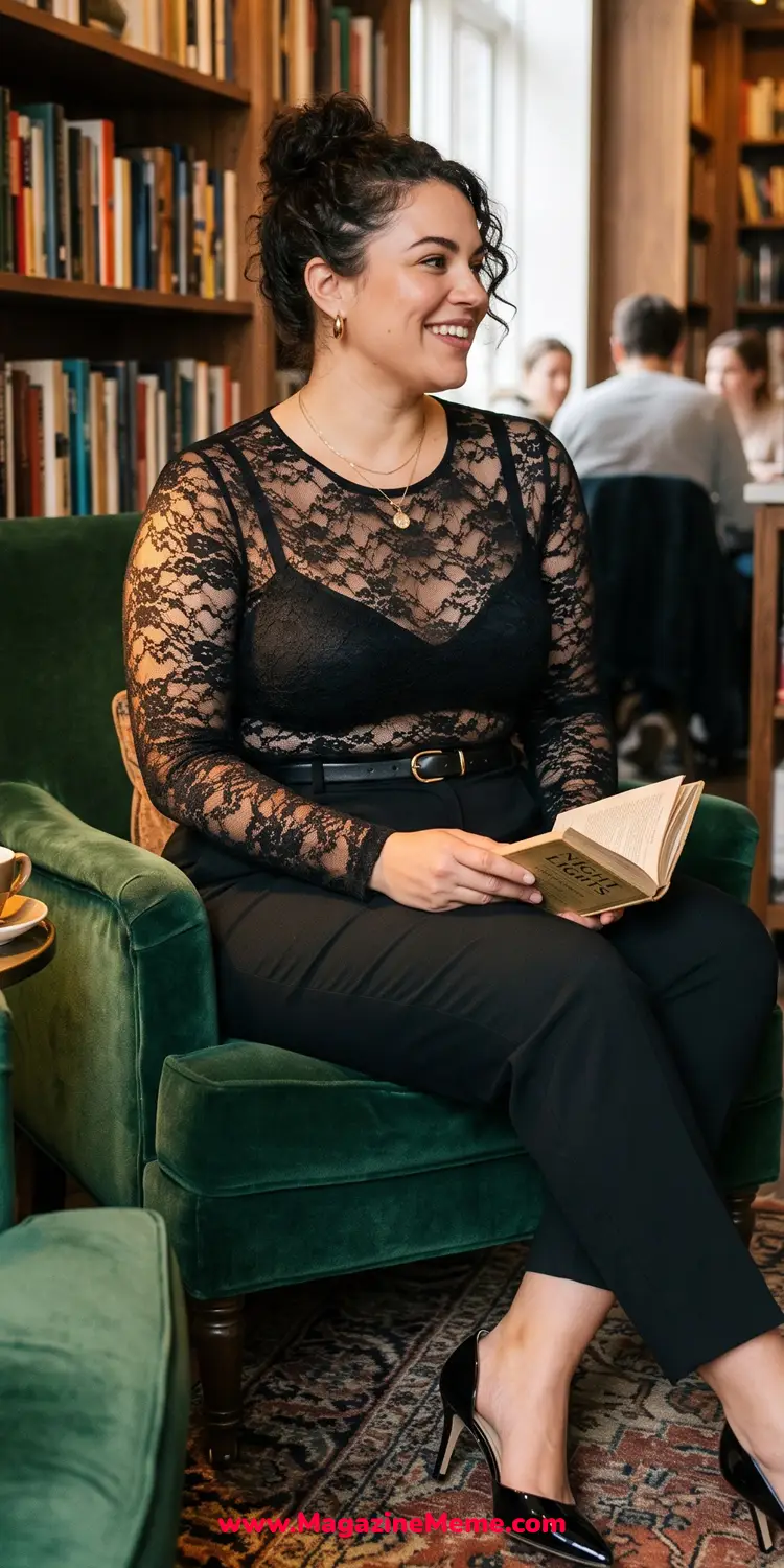 Sheer Lace Long-Sleeve Top Over a Balconette Bra with Cigarette Pants