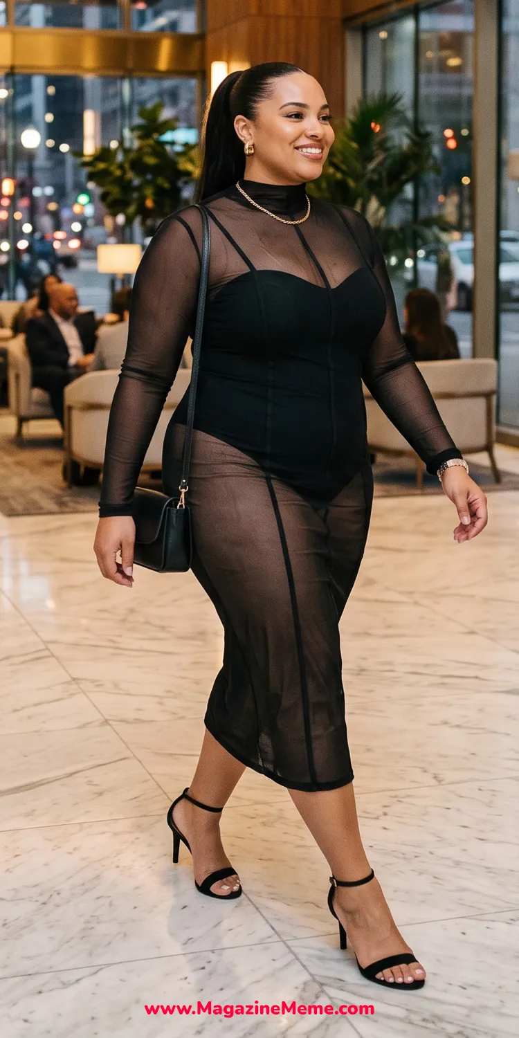 Sheer Mesh High-Neck Midi Over a Sculpting Black Bodysuit