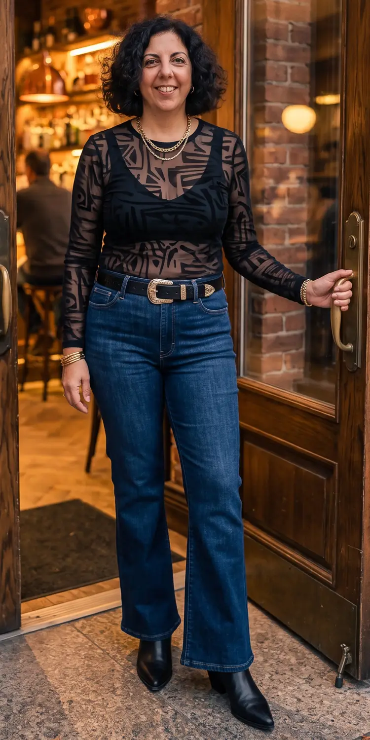 Sheer Mesh Long Sleeve Over a Black Bralette with Sculpted Flare Jeans