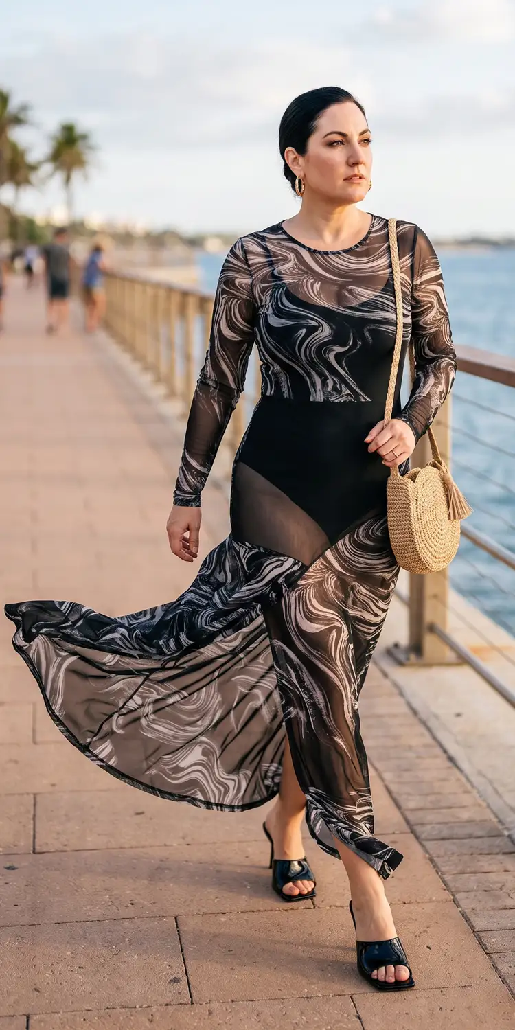 Sheer Mesh Maxi Dress Layered Over a Solid High-Cut Bodysuit