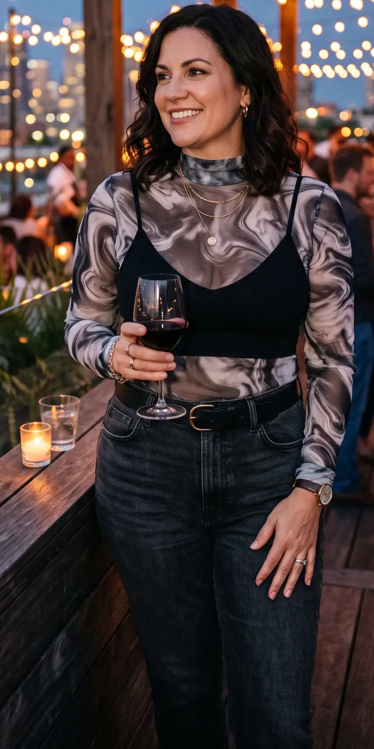 Long Sleeve Sheer Mesh Mock-Neck Over a Seamless Black Contour Bralette