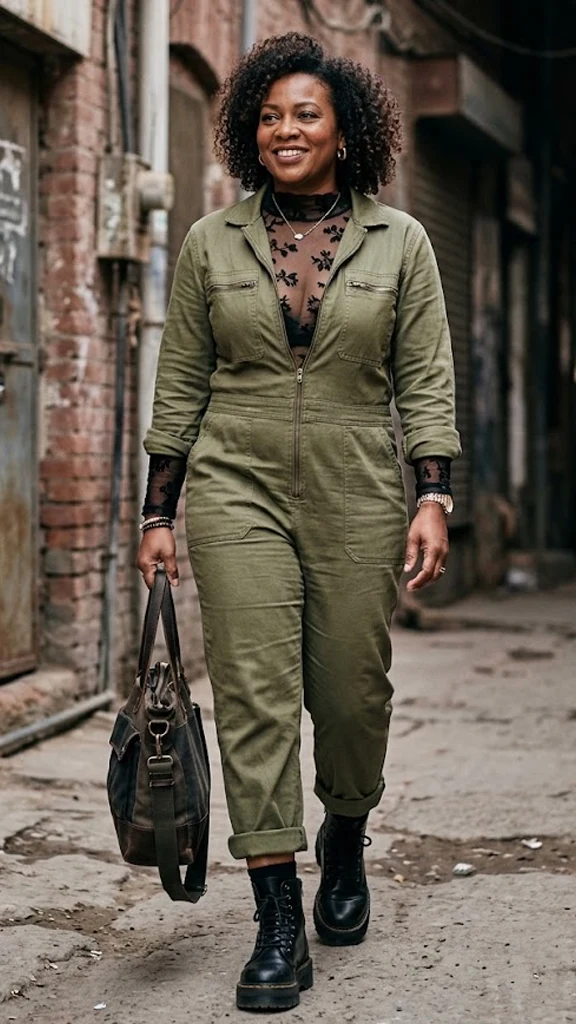 Sheer Mesh Mockneck Layered Under a Structured Utility Jumpsuit