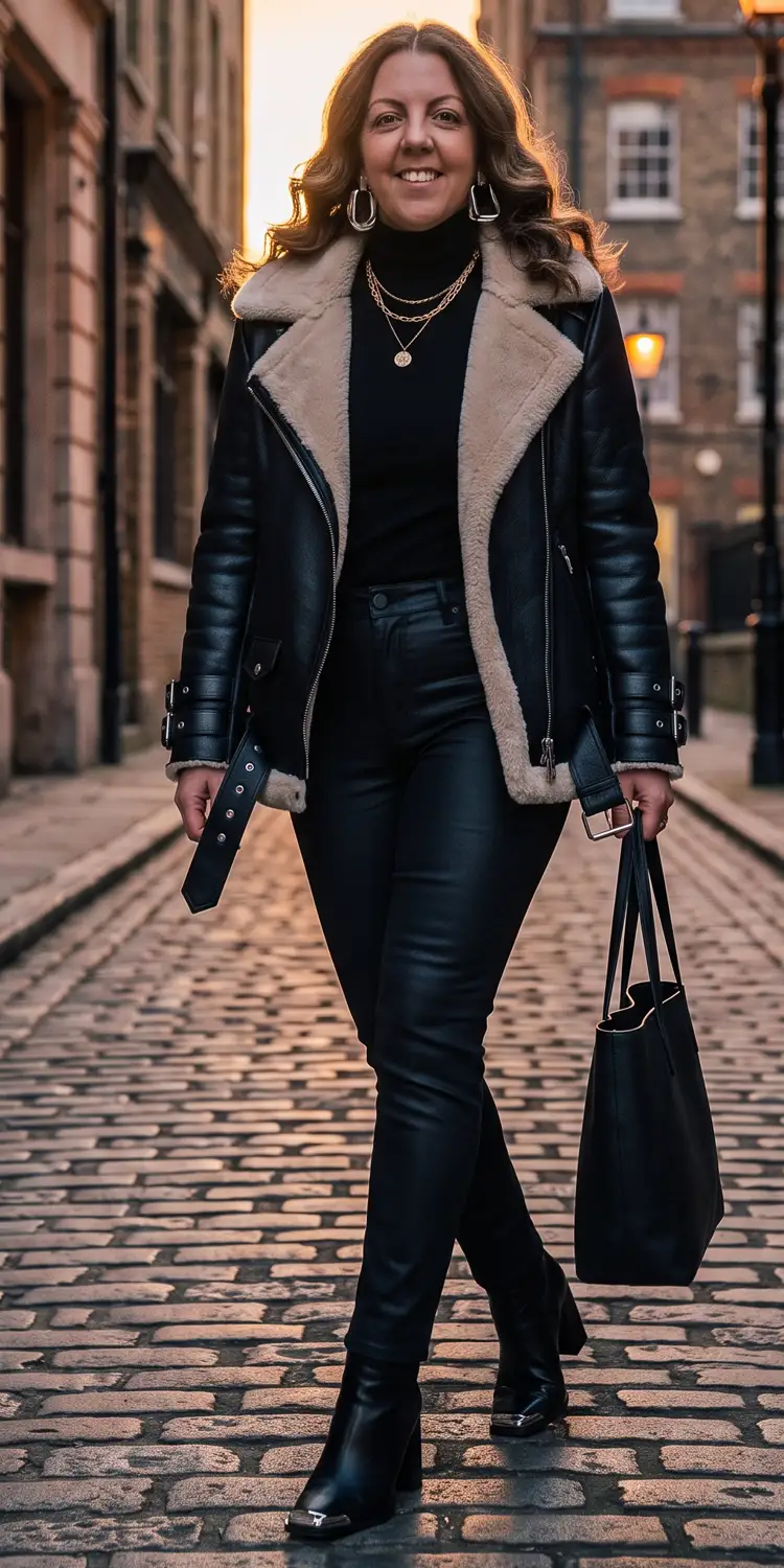 Sherpa-Lined Moto Jacket Paired with Coated Black Denim and Pointed Booties
