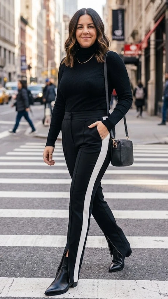 Side-Striped Track Pants Paired with a Fitted Turtleneck and Pointed Booties