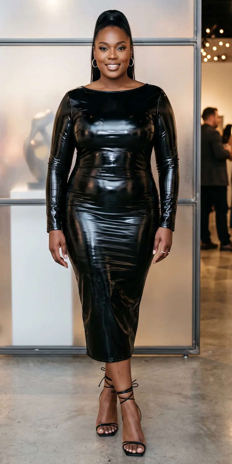 Sleek Black Latex-Look Bodycon Midi Dress With Minimalist Strappy Heels