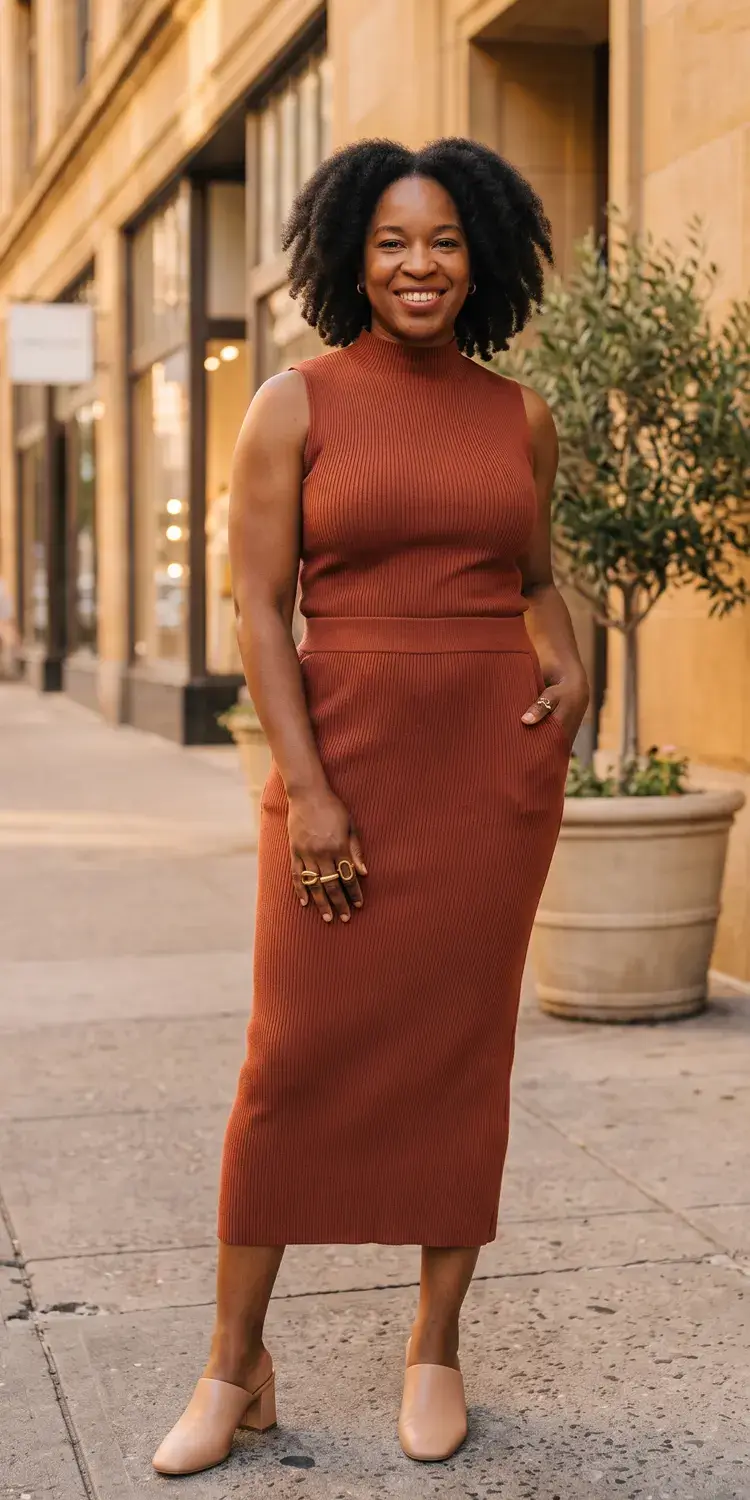 Sleek Ribbed Knit Column Midi Skirt and Sleeveless Mock-Neck Top