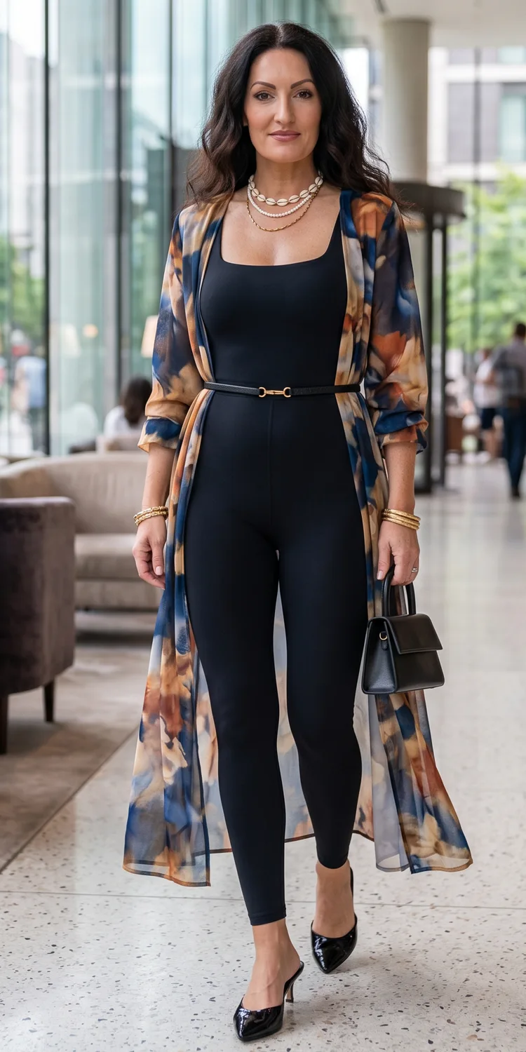 Sleek Square-Neck Catsuit Worn with a Flowing Printed Duster